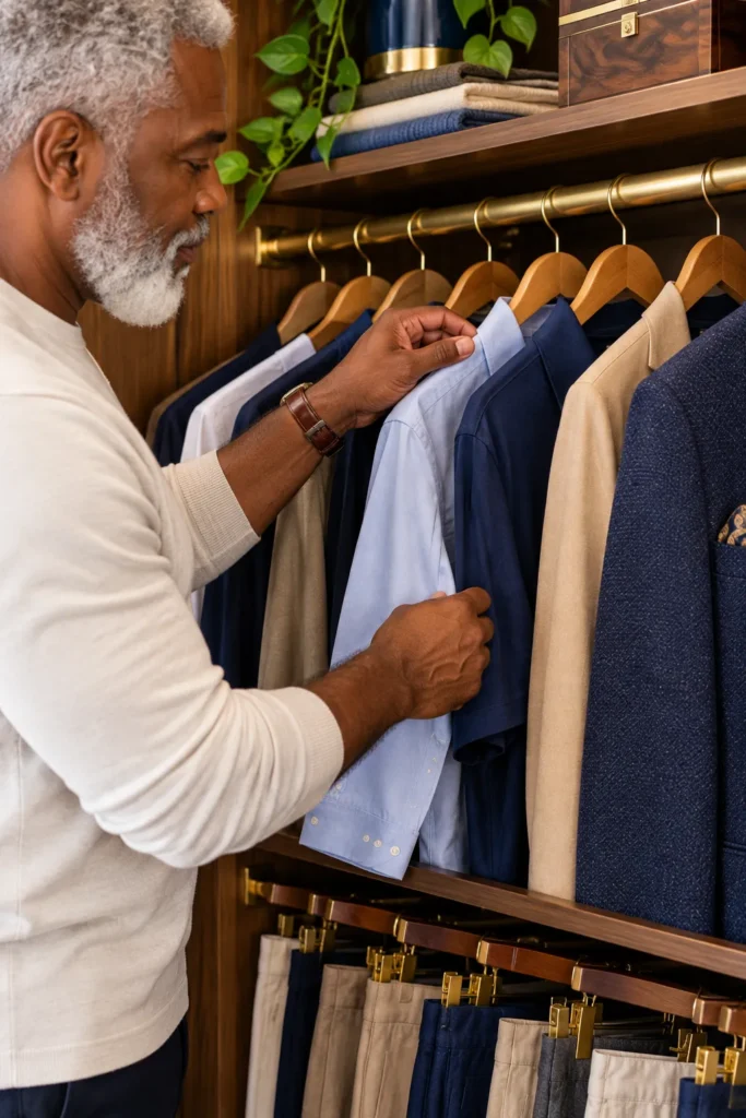 photograph of a neatly organized men's wardrobe, with clothing arranged by color within each clothing type