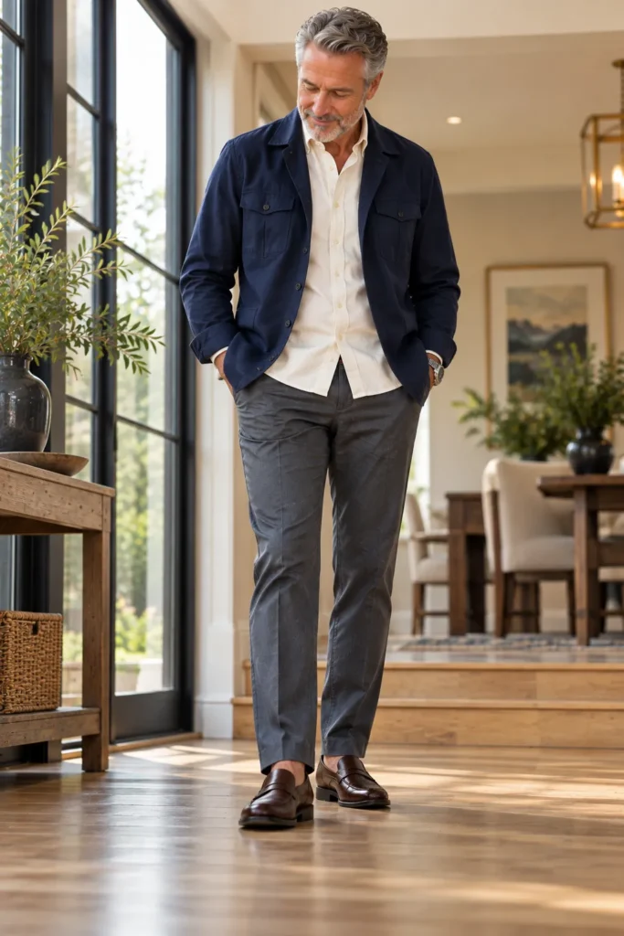 photograph of a mature man around 60 years old standing on a clean wooden floor while checking the relationship