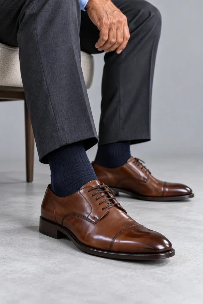 photorealistic men's fashion detail photograph showing the lower legs of a stylish man in his late 50s wearing well-fitted charcoal trousers