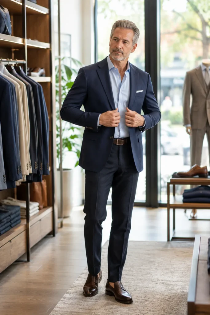 photo of a distinguished man around 55 adjusting the front of a well-fitted navy blazer over a light blue Oxford shirt