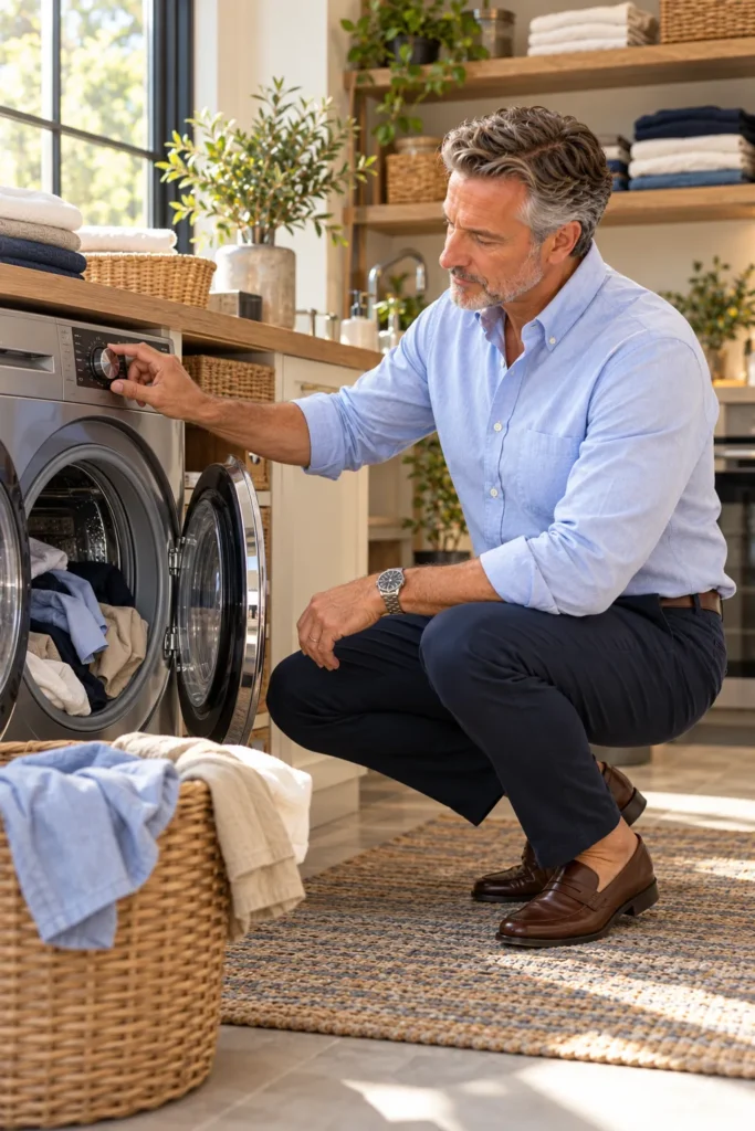 photograph of a mature 58-year-old man with short gray hair and a neatly trimmed beard preparing a small laundry load in a modern washing machine
