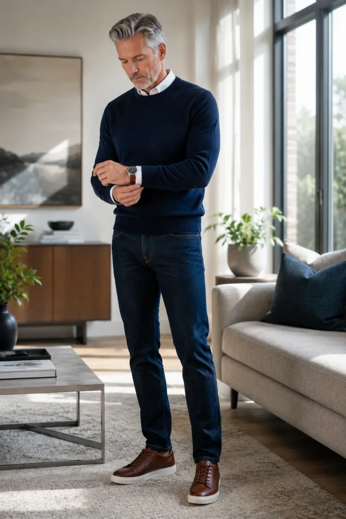 photo of a distinguished man around 55 gently adjusting the cuff of a fine-knit navy sweater worn over a crisp white button-down shirt