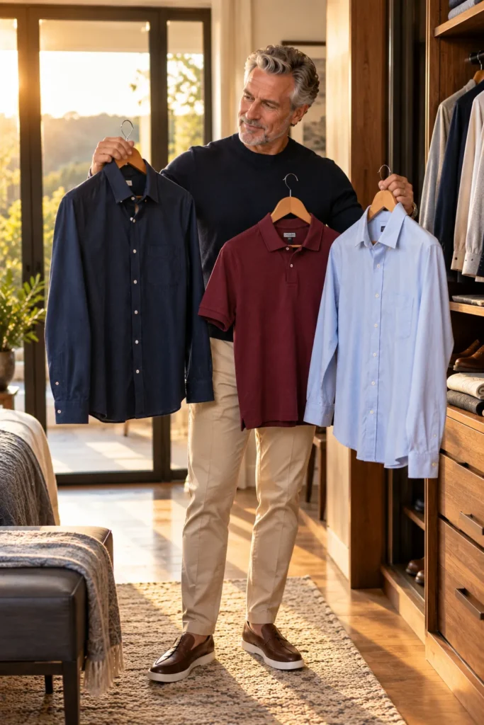 photo of a distinguished 62-year-old man choosing between a navy shirt, burgundy polo
