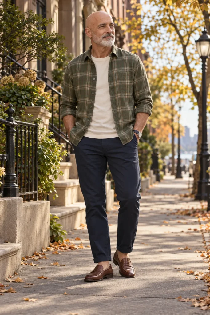 photograph featuring a sophisticated 60-year-old bald man with a neatly trimmed silver-gray beard wearing a lightweight olive-green flannel shirt over a cream T-shirt