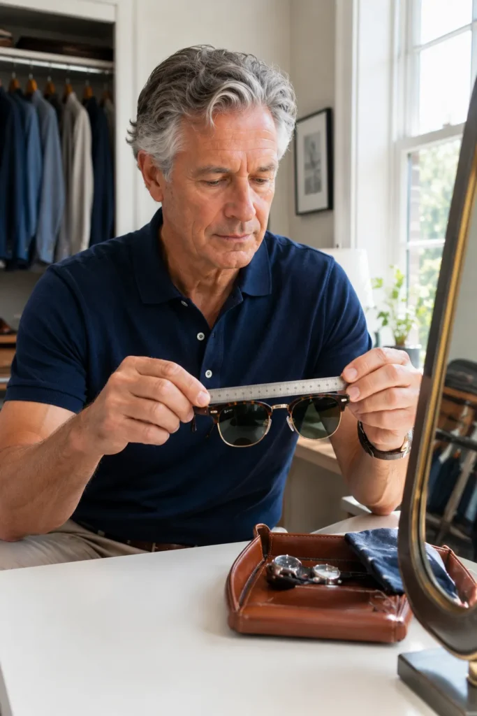 photo of a mature 60-year-old man checking the width of a pair of classic sunglasses with a small measuring ruler