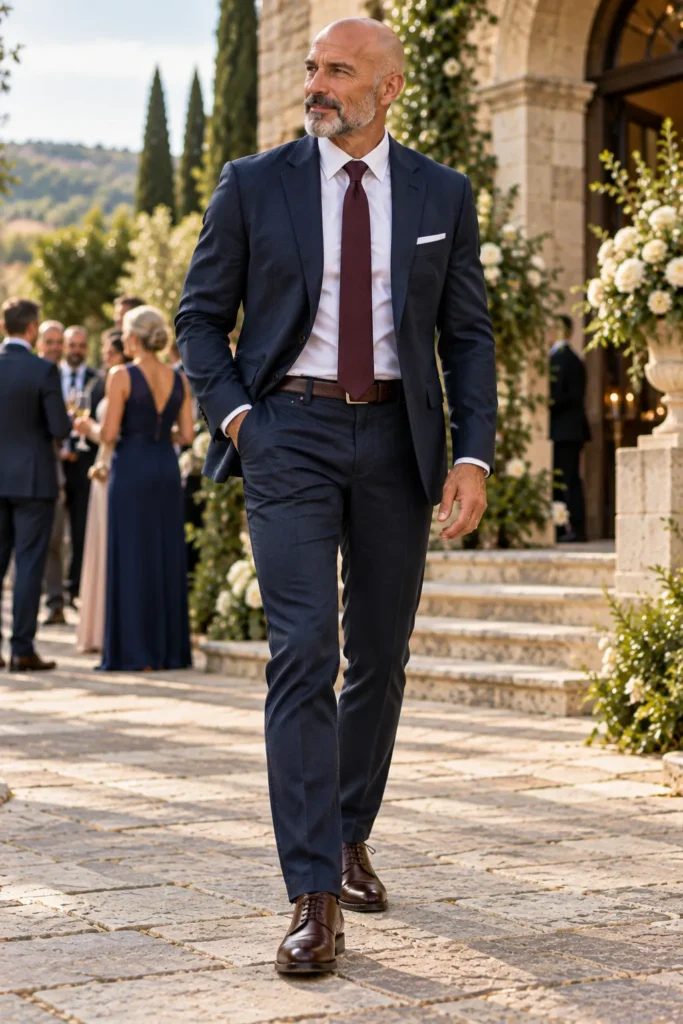 photograph featuring a confident bald 58-year-old man with a neatly trimmed salt-and-pepper beard arriving at an elegant outdoor wedding venue