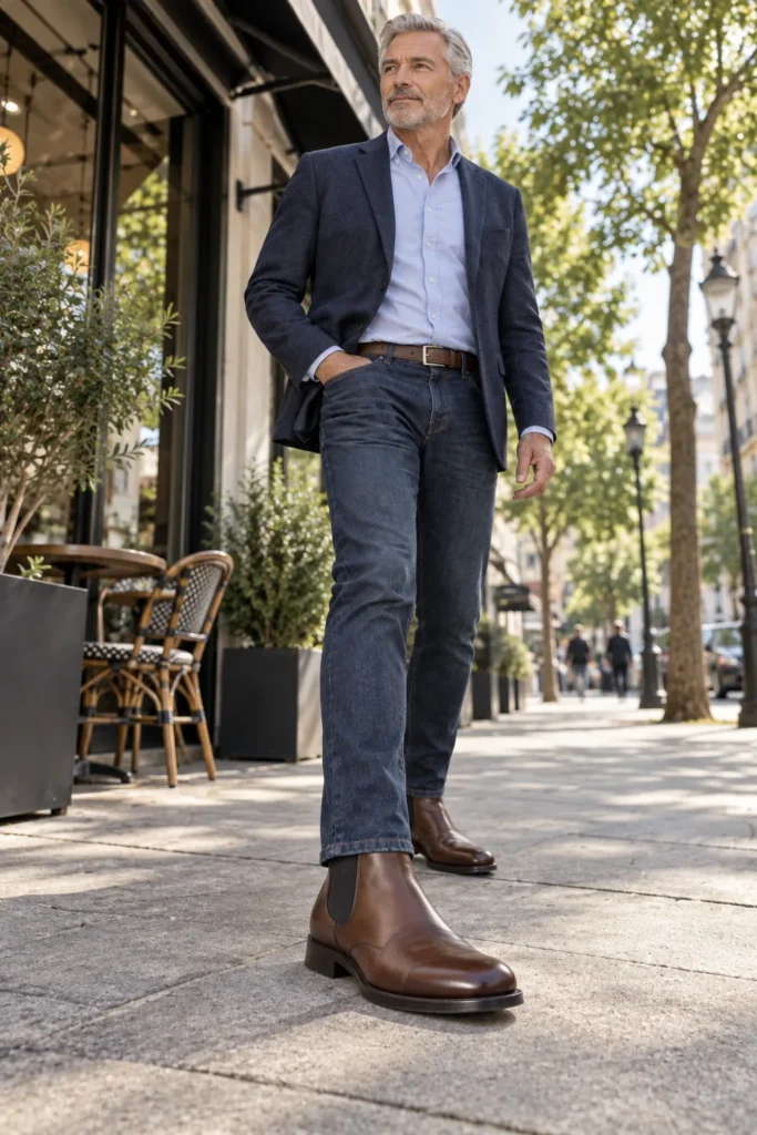 photograph focused strongly on a pair of brown leather Chelsea boots worn by a mature man around 58 with short grey hair