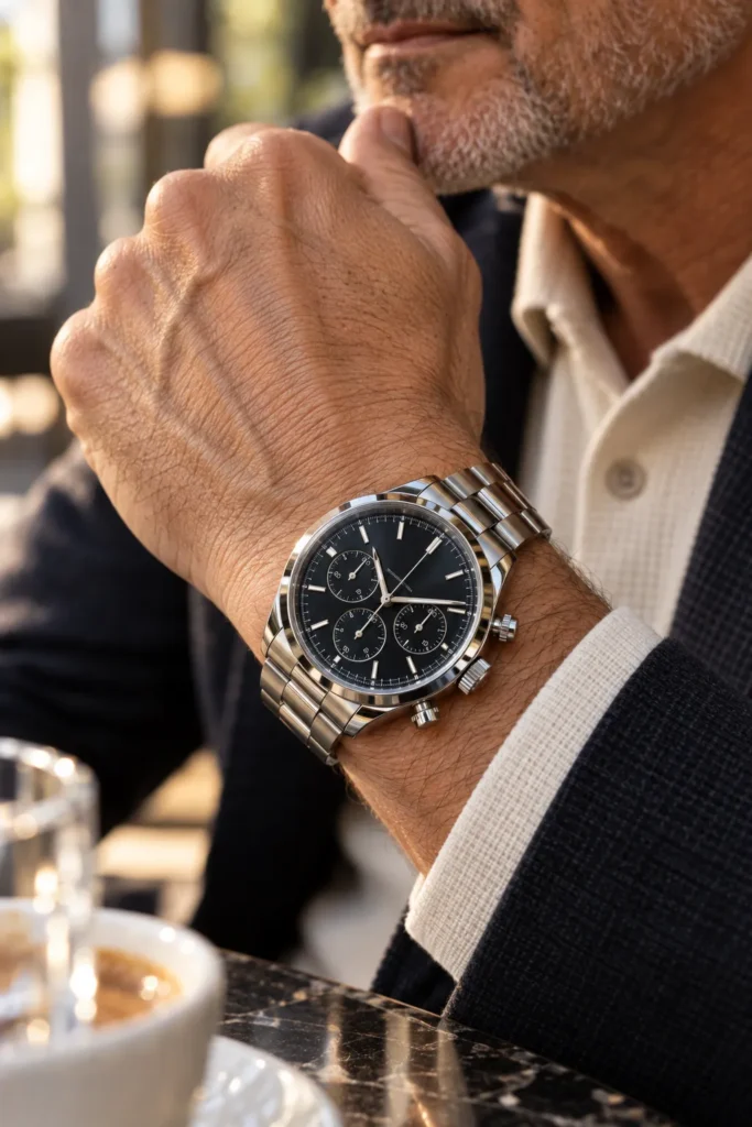 photograph with a classic chronograph as the main subject