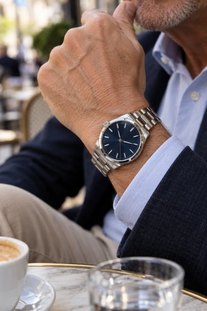 photograph featuring a classic stainless steel watch as the dominant subject