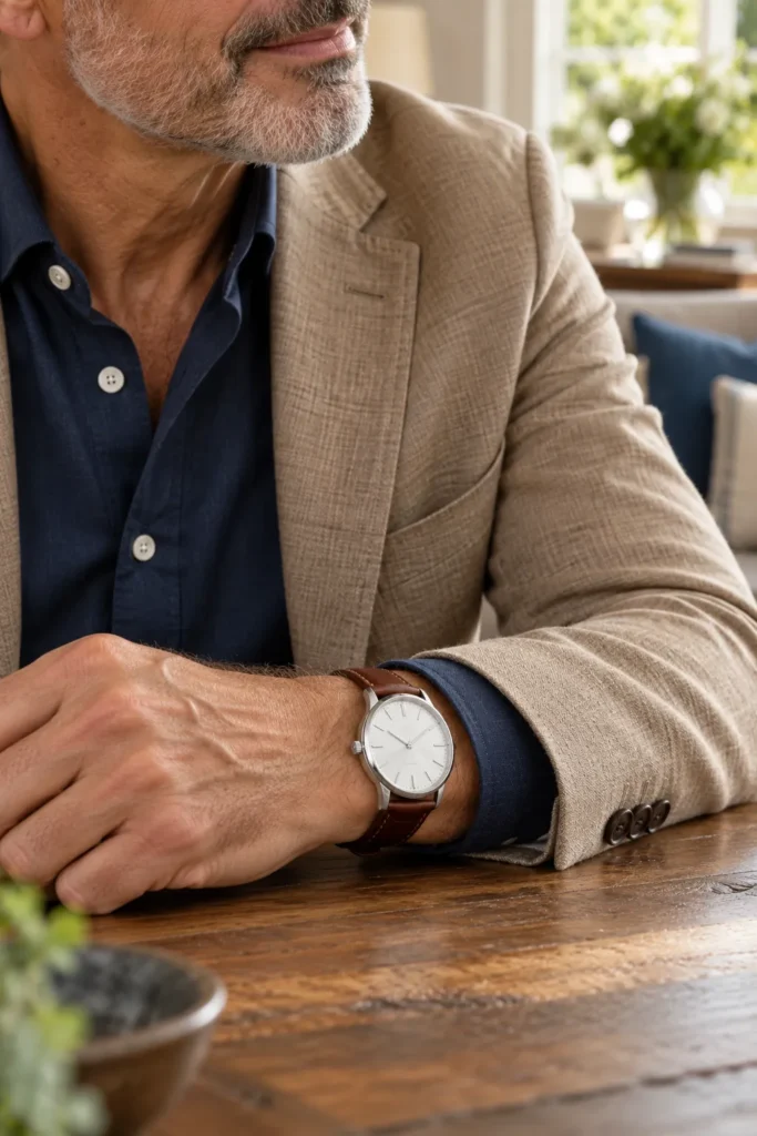 photorealistic editorial close-up of a classic wristwatch worn by a stylish 60-year-old man