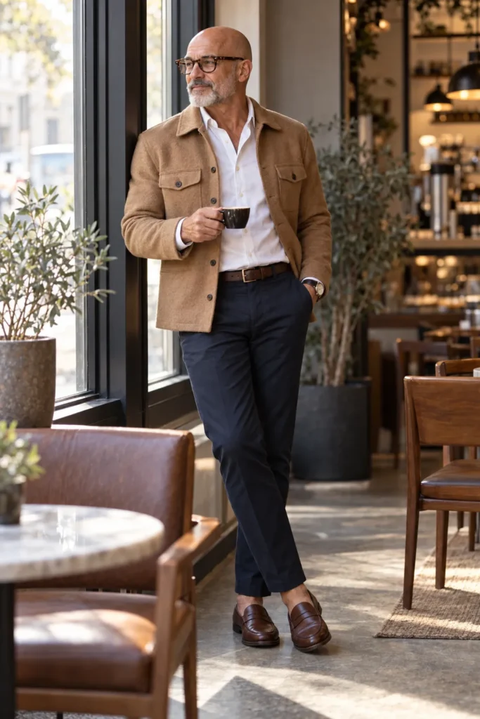 photograph featuring a distinguished 59-year-old bald man with a neatly trimmed salt-and-pepper beard wearing classic dark tortoiseshell wayfarer glasses