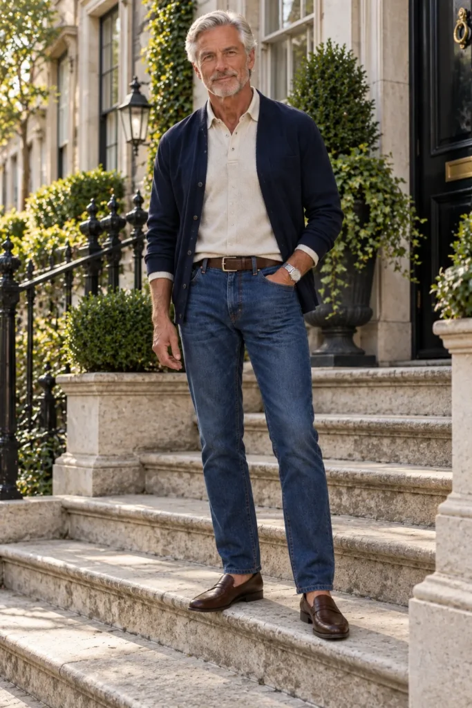 photograph of a distinguished 63-year-old man with short silver-grey hair wearing dark-medium blue straight-leg jeans with a clean neat hem