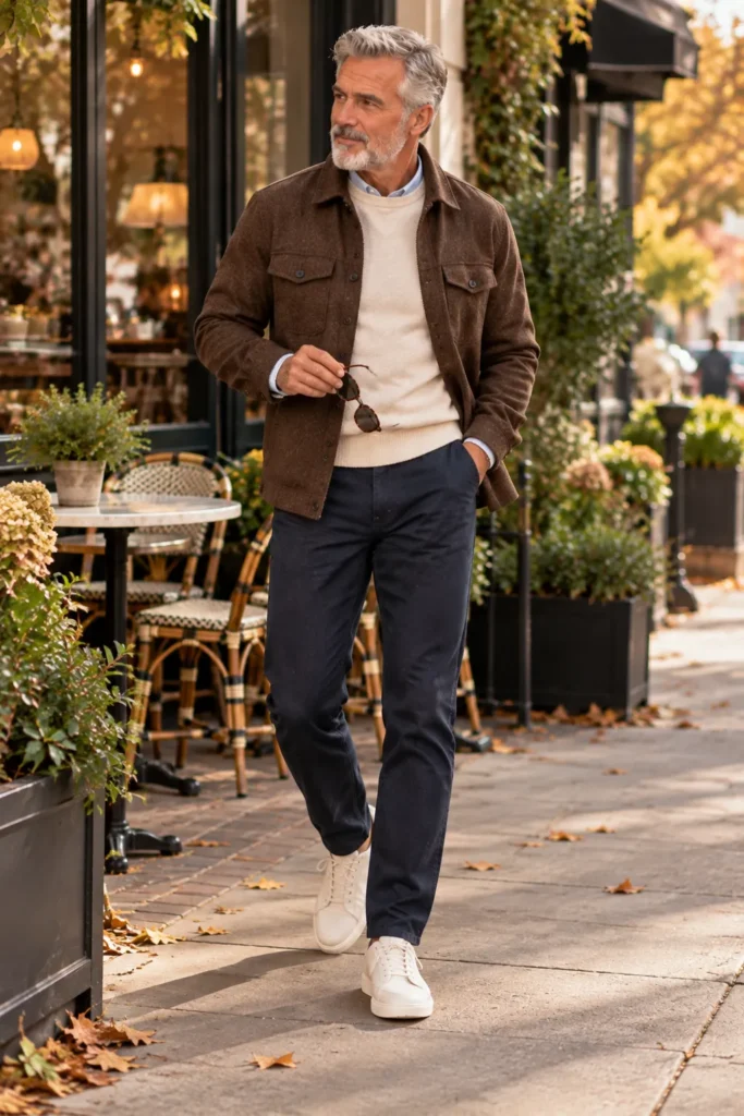 photograph featuring a different 61-year-old man with short silver-gray hair and a neatly trimmed beard wearing navy chinos