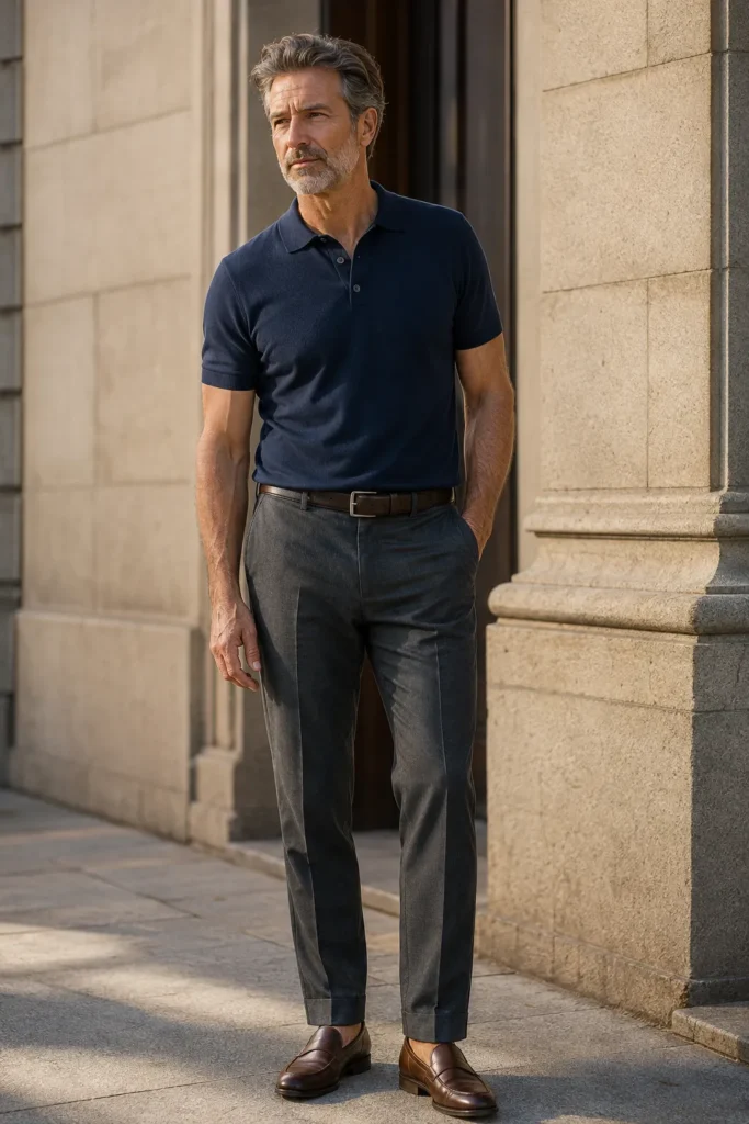 photograph of a stylish 52-year-old man with neatly styled salt-and-pepper hair and a short well-groomed beard