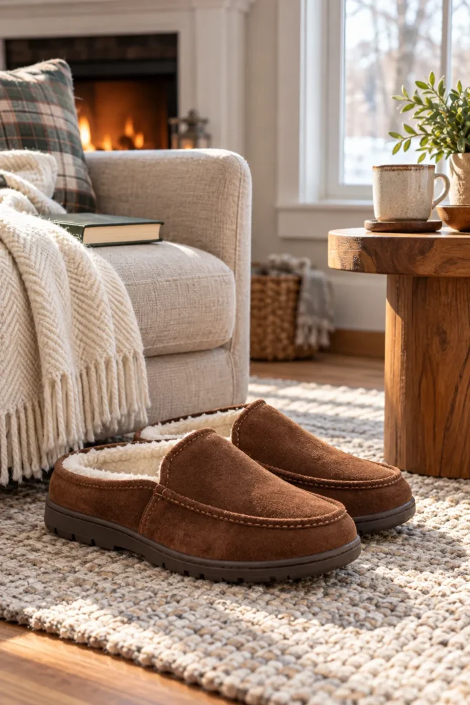 photograph of a pair of high-quality brown suede house slippers placed beside a comfortable armchair in a bright