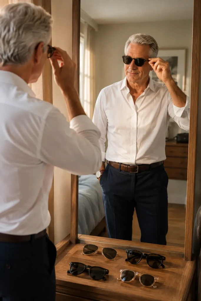 photo representing a mature man comparing classic and modern sunglasses in front of a full-length mirror