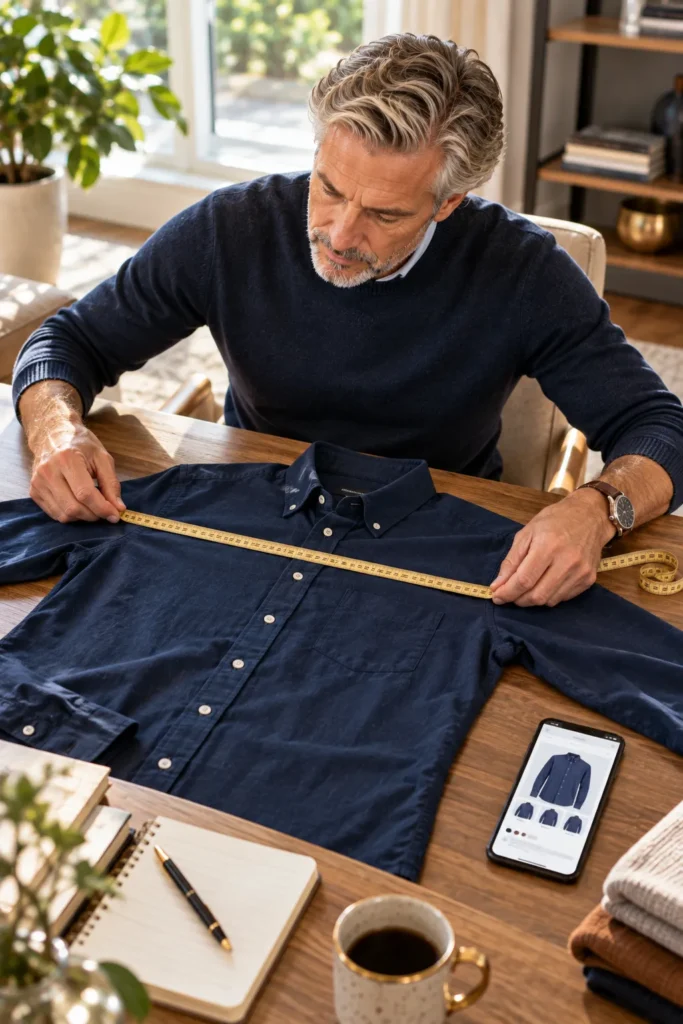 photograph of a 59-year-old man with short silver hair and a neatly trimmed beard comparing the measurements of his favorite button-down shirt with a soft measuring tape.