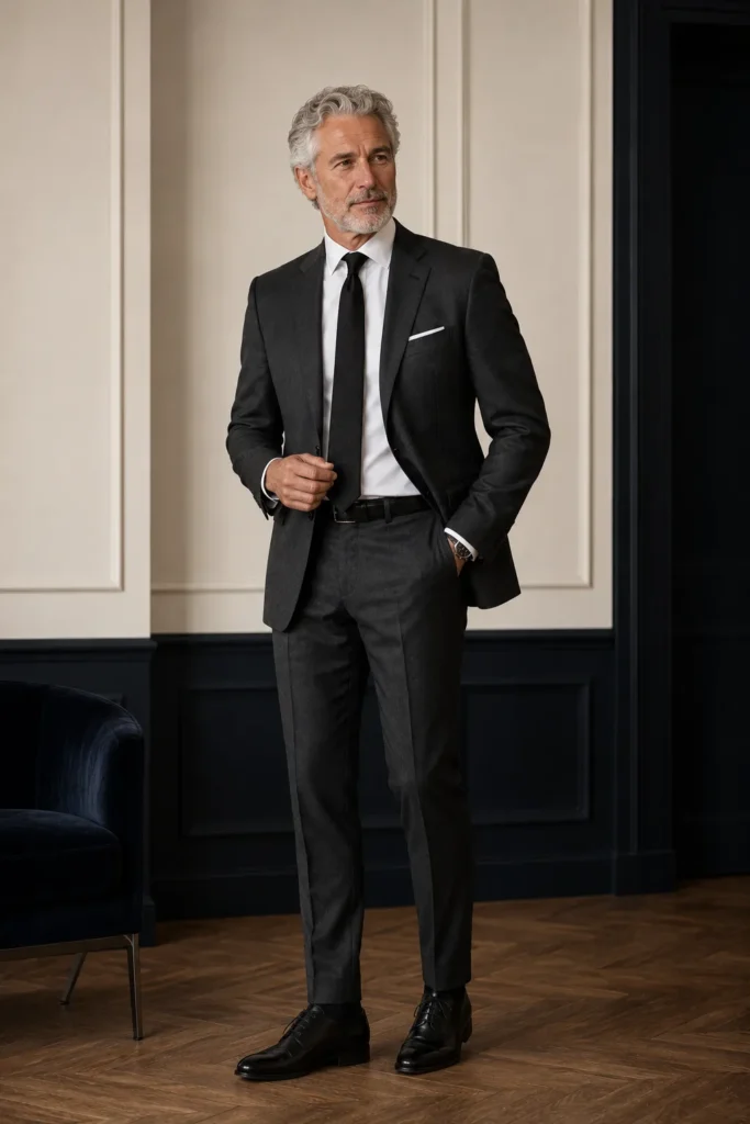 photograph featuring a distinguished mature man around 60 with naturally styled silver-grey hair and a neatly trimmed grey beard, wearing a perfectly fitted deep charcoal suit