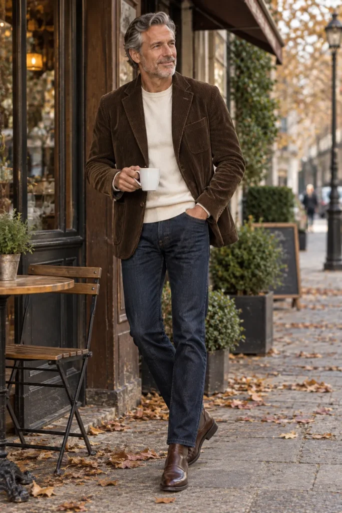 photograph of a mature man around 59 wearing a dark tobacco-brown fine-wale corduroy blazer over an ivory merino sweater, dark indigo jeans