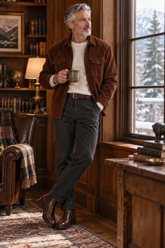 photograph of a refined 58-year-old man with short silver hair and a neatly trimmed beard wearing a dark rust-brown corduroy overshirt layered over a cream thermal shirt