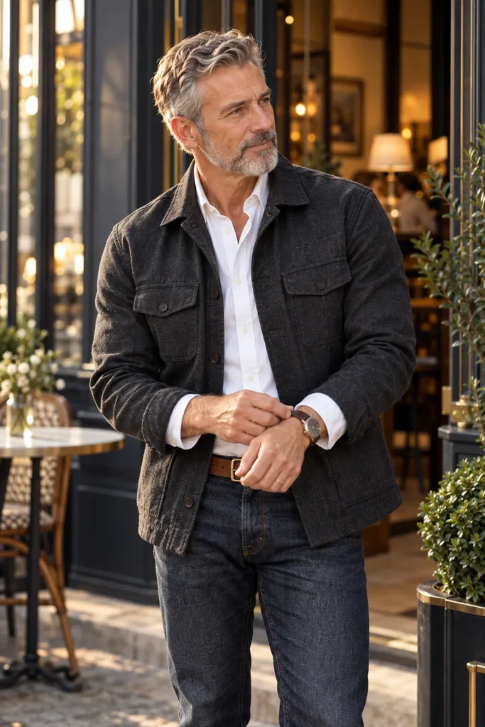 photograph featuring a polished 57-year-old man with neatly styled salt-and-pepper hair and beard