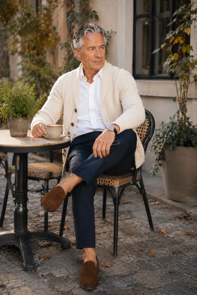 hotograph of a well-dressed 60-year-old man wearing an open cream cable-knit cardigan over a crisp white Oxford shirt