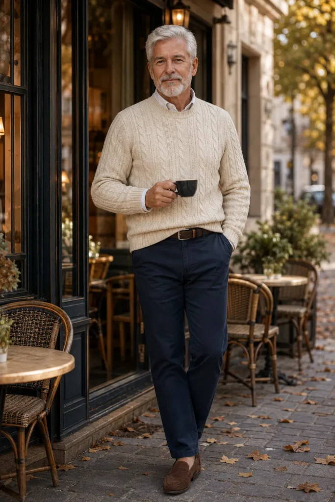 photograph featuring a distinguished 67-year-old mature man with short silver-white hair, neatly groomed white beard