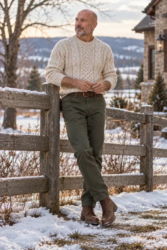 photograph of a stylish 60-year-old bald man with a neatly trimmed gray beard wearing a chunky cream fisherman sweater