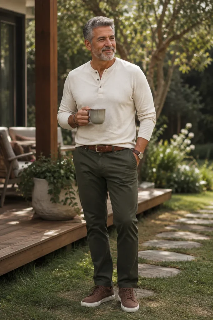 photograph featuring a 57-year-old mature man with a naturally broad build, short neatly styled grey hair, short trimmed beard