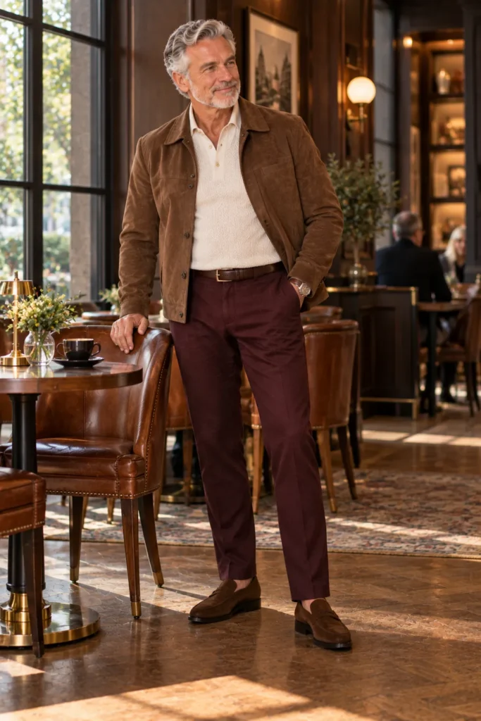 photograph of a stylish man around 60 with a natural fuller stomach relaxing in an upscale café lounge