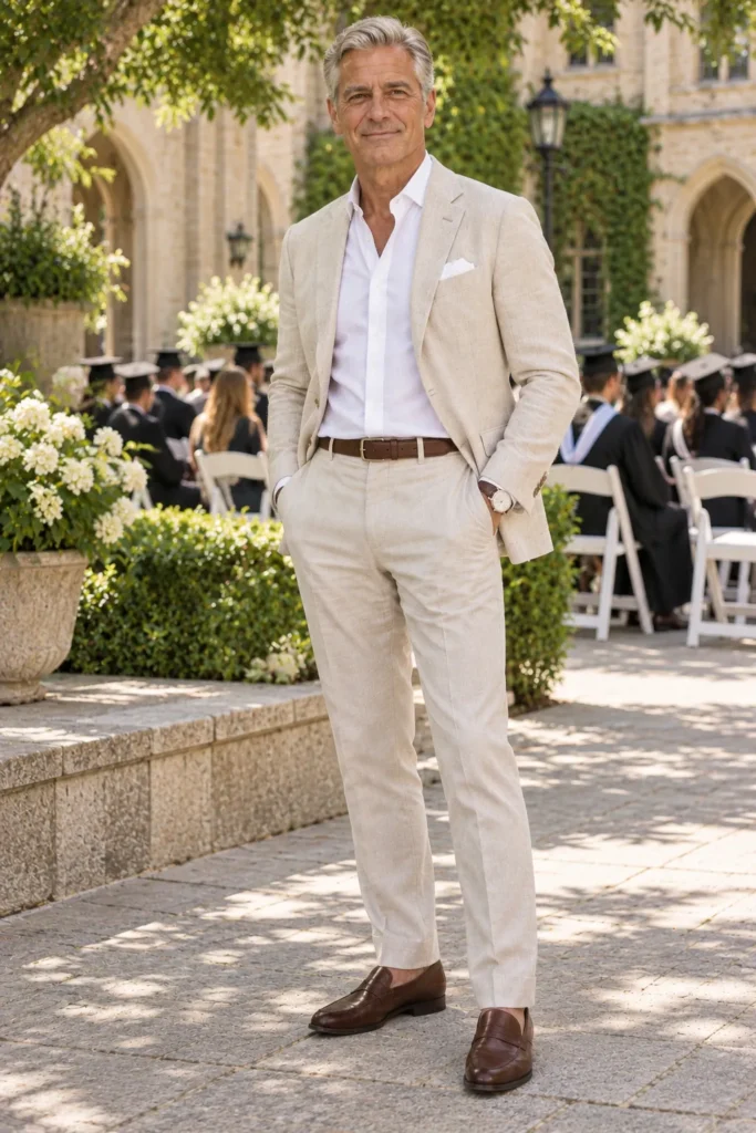 photograph of an elegant 60-year-old man attending a warm-weather outdoor graduation ceremony