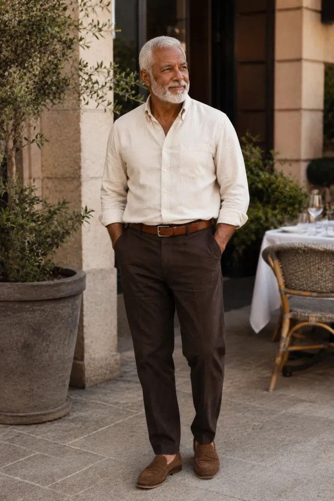 photograph of a completely different 72-year-old man with a broad oval face, dark tan skin, closely cropped white hair, thick white eyebrows