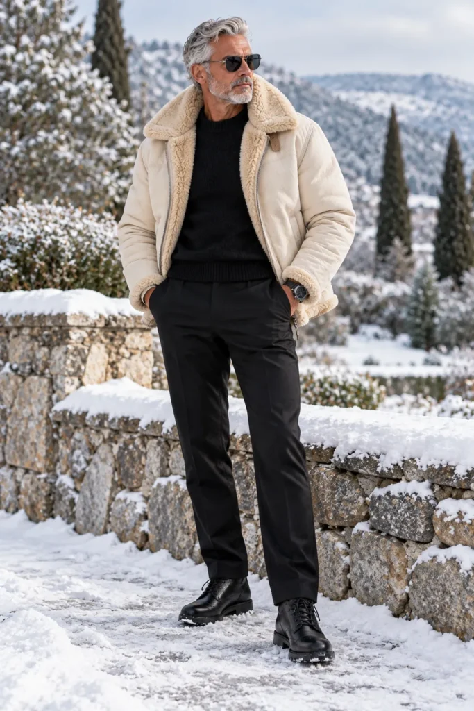 photorealistic luxury winter fashion image featuring a 61-year-old man with neatly styled silver hair and a short salt-and-pepper beard