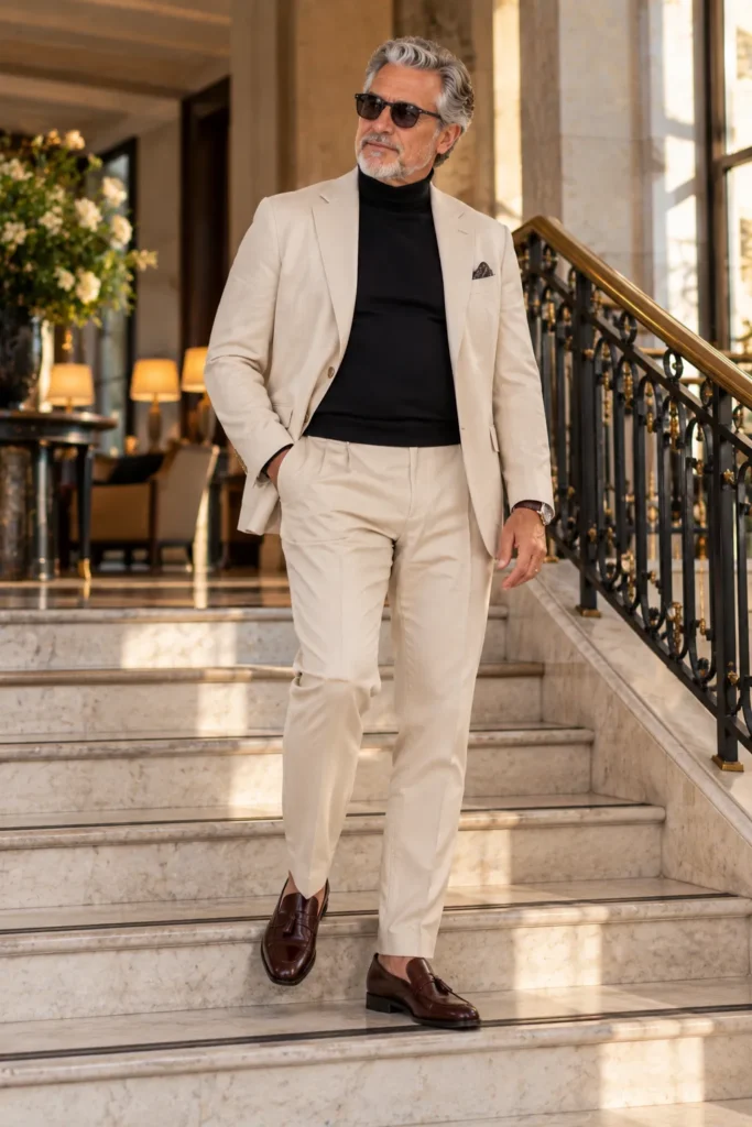 photograph of a confident stylish man around 60 with a natural fuller midsection