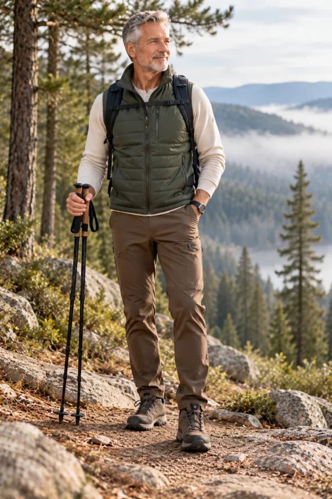  photograph of a 57-year-old man with neatly trimmed gray hair wearing a cream thermal long-sleeve shirt beneath a forest green padded hiking vest