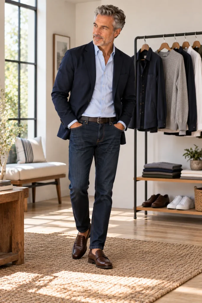 photograph featuring a stylish 58-year-old man with short salt-and-pepper hair and a neatly trimmed beard wearing versatile wardrobe basics that can work for several occasions.