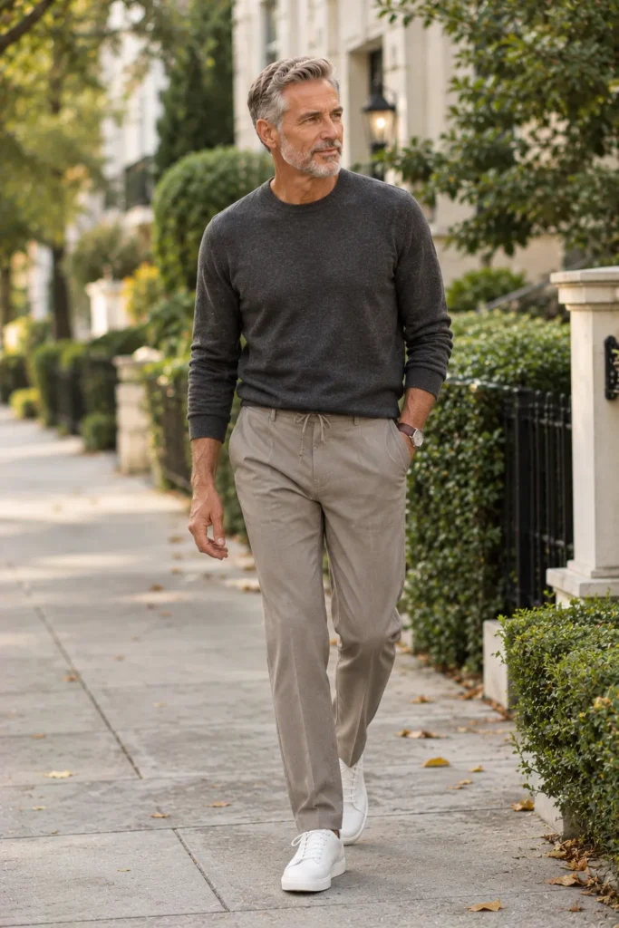 photograph featuring a distinguished 61-year-old mature man with short gray hair and a neatly trimmed beard, wearing a soft charcoal lightweight crewneck sweater
