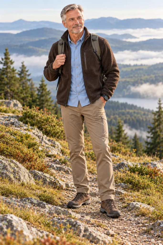 photograph of a stylish 61-year-old man with silver hair and a short gray beard wearing a dark brown fleece jacket over a pale blue outdoor button-down shirt