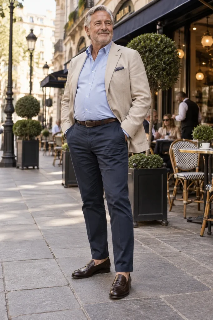 photograph of a stylish man around 60 with a natural fuller midsection standing on an elegant city sidewalk outside a refined café