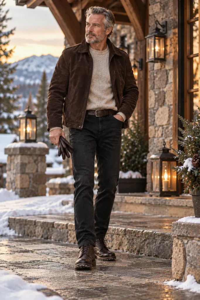 photograph of a sophisticated 60-year-old man with short gray hair and a neatly trimmed beard wearing a dark chocolate-brown suede jacket over a light oatmeal crew-neck sweater
