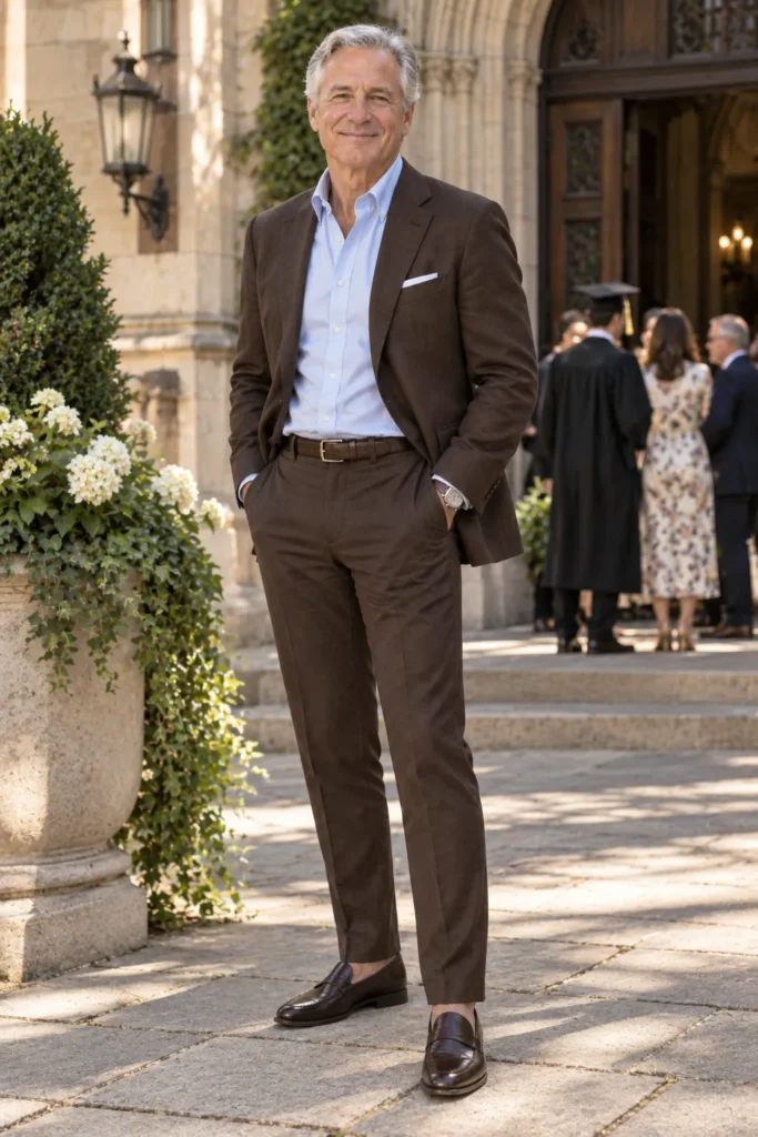 photograph of a distinguished 62-year-old man celebrating his child's graduation at an elegant university venue