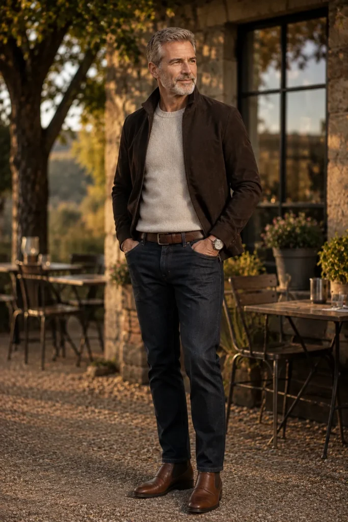 photograph featuring a distinguished 58-year-old mature man with short salt-and-pepper hair and neatly trimmed beard, wearing a dark brown casual jacket