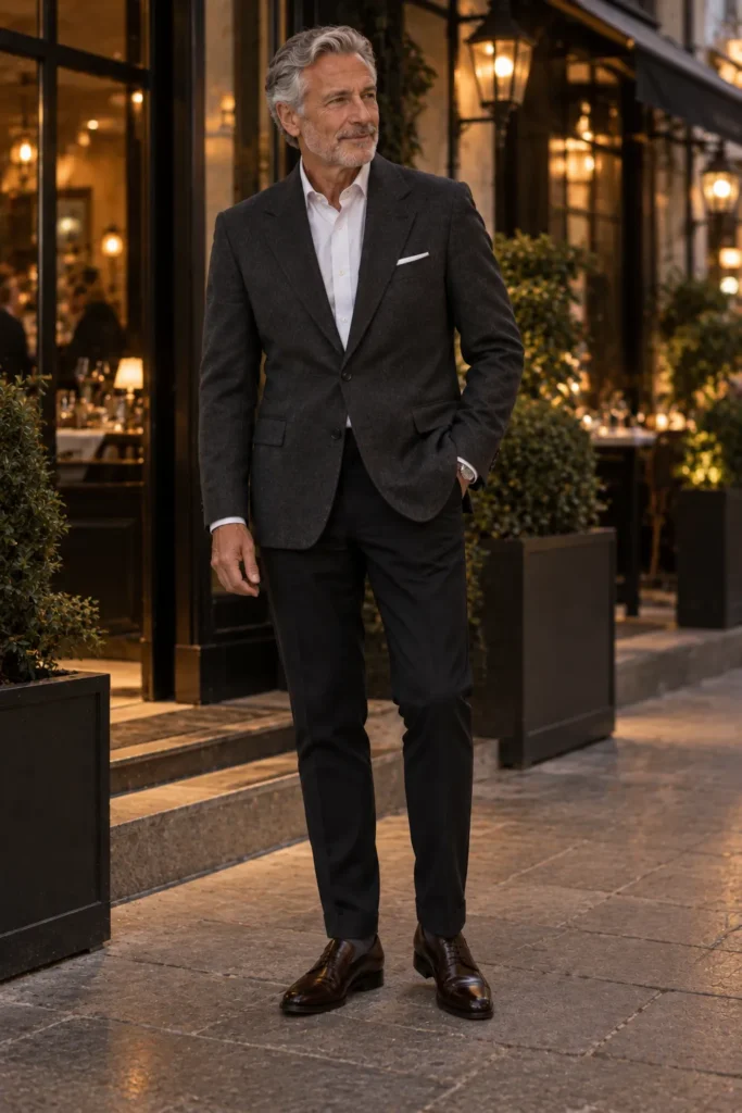 photograph of a mature man around 57 wearing a dark charcoal wool blazer over a clean white shirt