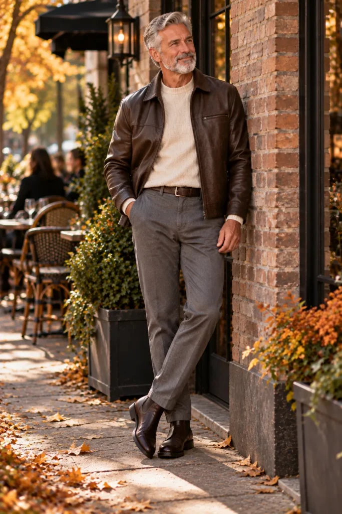 photograph featuring a different 62-year-old man with short gray hair and a neatly trimmed gray beard wearing a dark chocolate brown leather jacket over a light oatmeal knit sweater