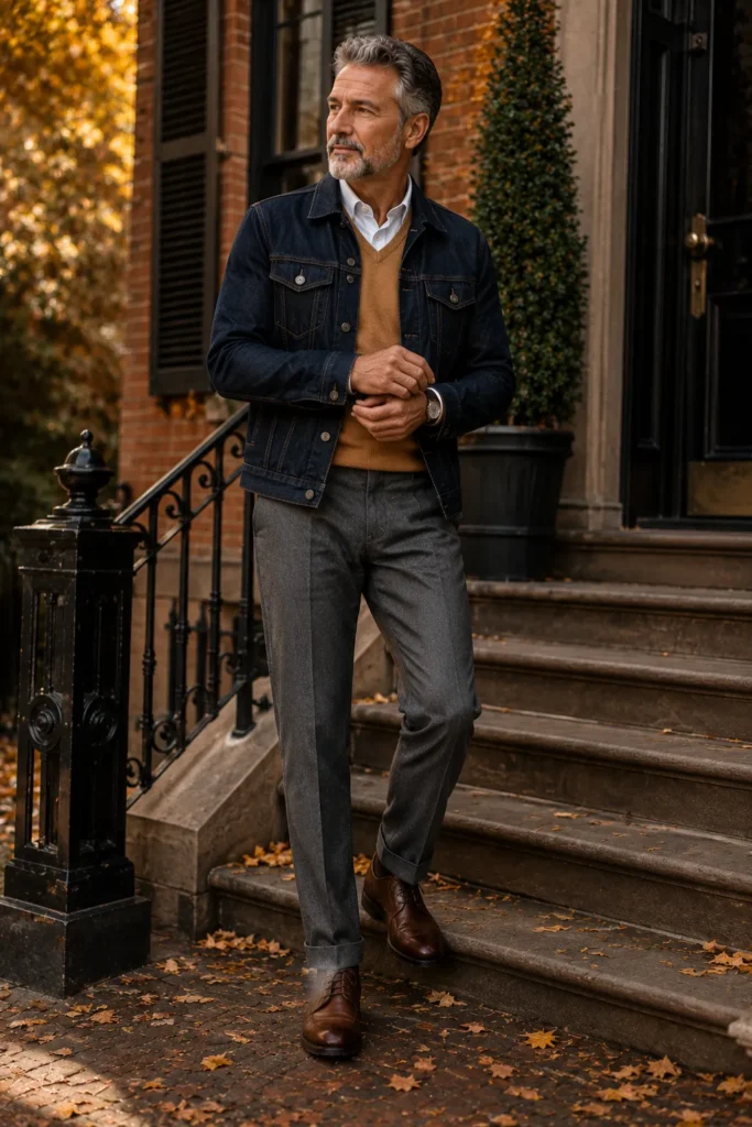 photograph of a stylish 60-year-old man wearing a dark indigo denim jacket over a camel sweater vest and crisp white shirt