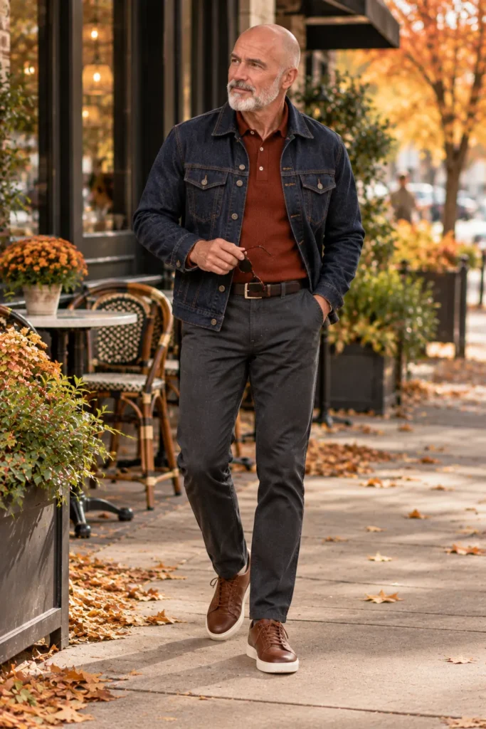photograph featuring a different 61-year-old bald man with a neatly trimmed gray beard, wearing a dark indigo denim jacket over a rust-colored knit polo shirt, charcoal straight-leg trousers