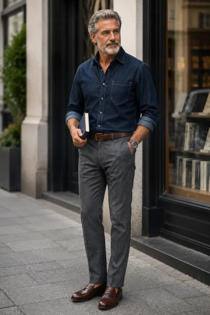 photograph featuring a stylish 59-year-old mature man with short salt-and-pepper hair, a neatly trimmed gray beard