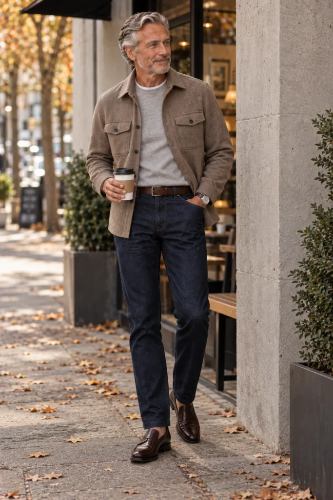 photograph of a mature man around 58 with salt-and-pepper hair and a short gray beard, wearing dark indigo straight-leg jeans