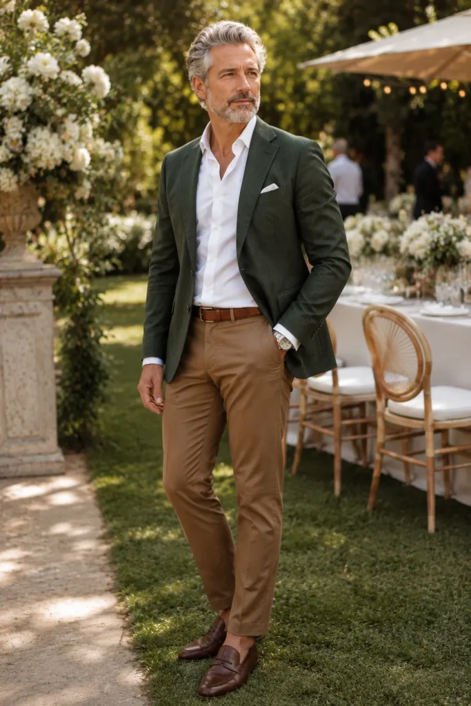 photo of a distinguished silver-haired man around 55 with a neatly trimmed grey beard wearing a deep forest-green tailored blazer