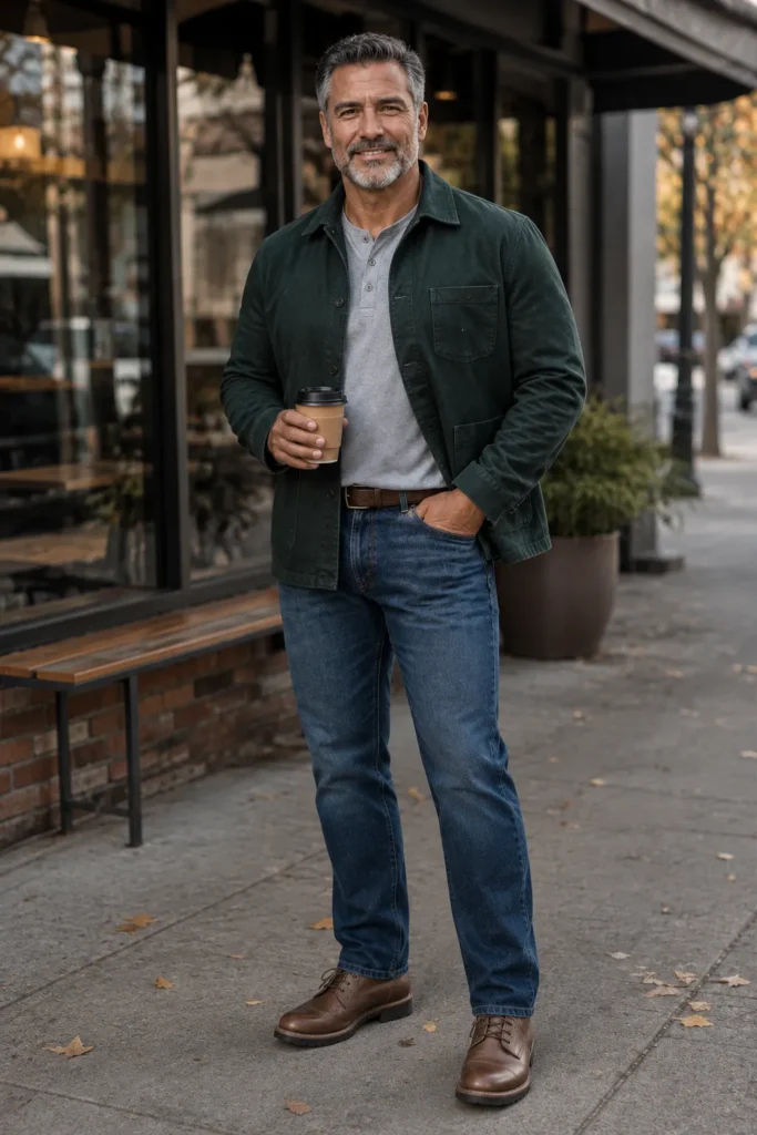 photograph featuring a 56-year-old big and tall man with an athletic broad build, short dark silver hair, neatly trimmed salt-and-pepper beard